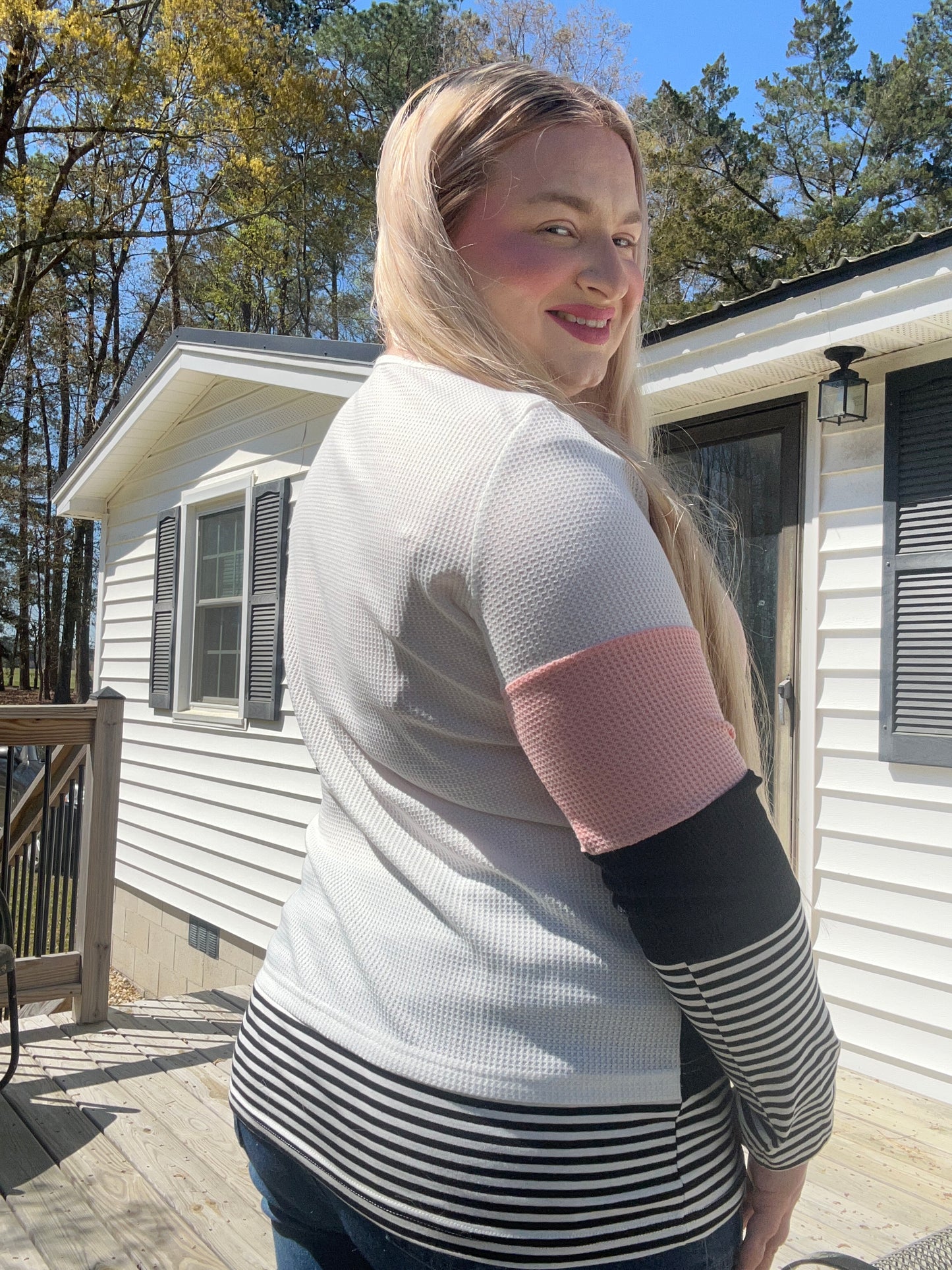 Crew Neck Color Blocked & Striped Long Sleeve Top