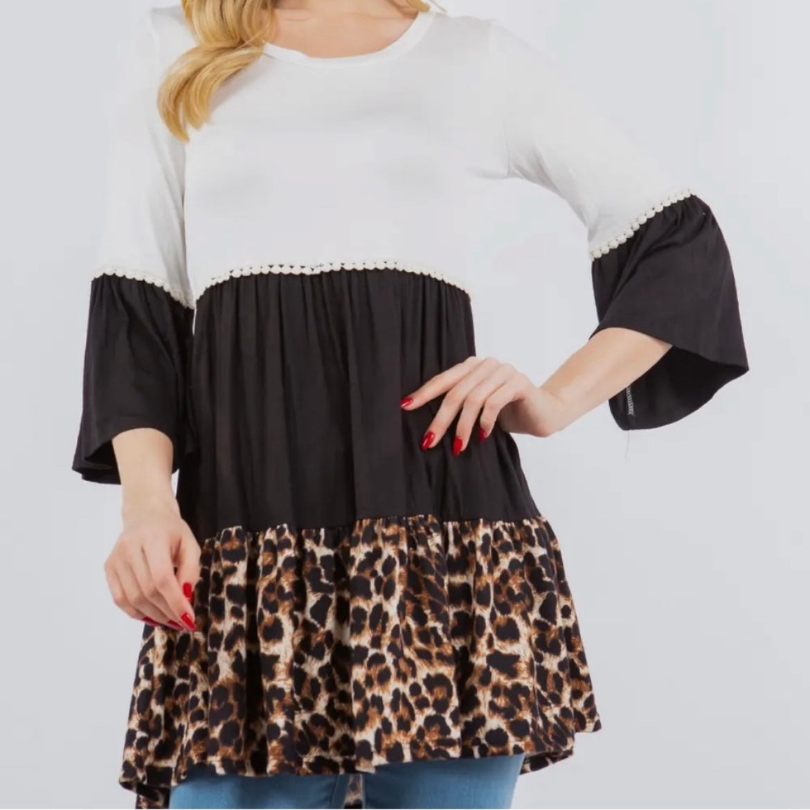 Animal Print Tiered Top with Bell Sleeves