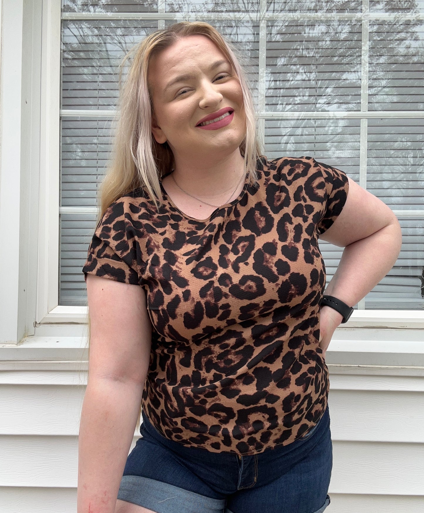 Leopard Cuff Sleeve Crew Neck Top