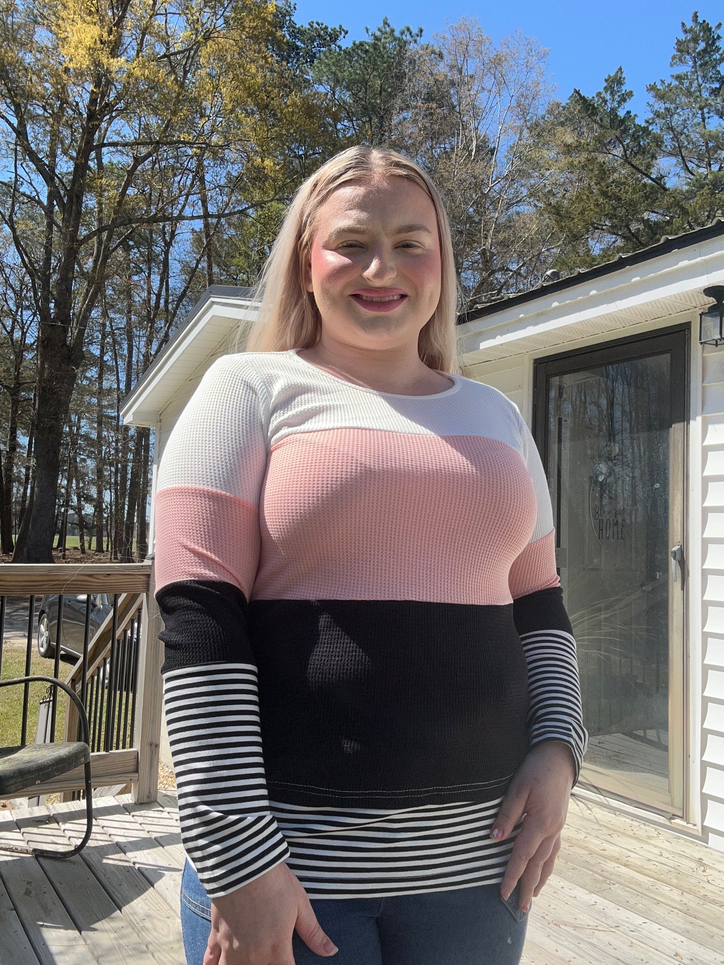 Crew Neck Color Blocked & Striped Long Sleeve Top