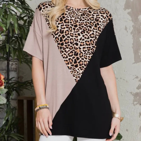 Color Block Top with Leopard Print Blouse