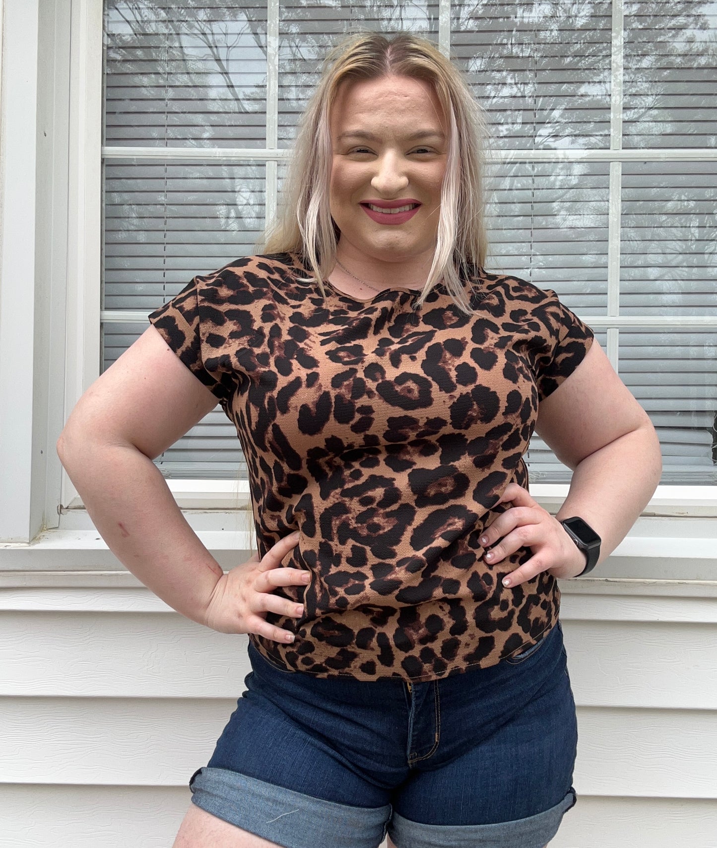 Leopard Cuff Sleeve Crew Neck Top